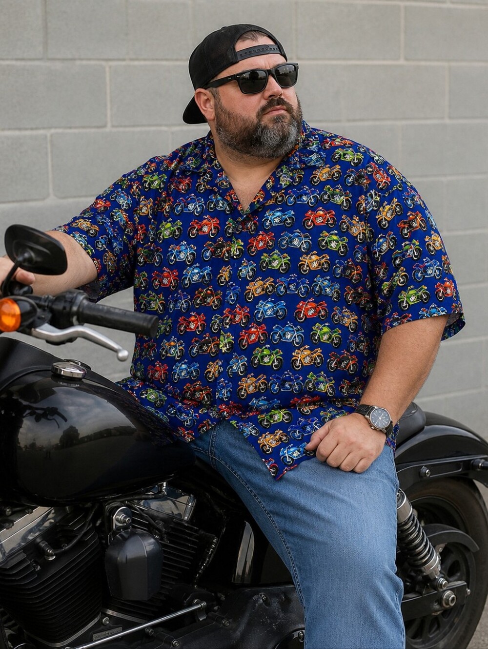 LOCO Motorcycle Print Button Front Shirt 3XL Blue All Over Sport  Graphic Y2K